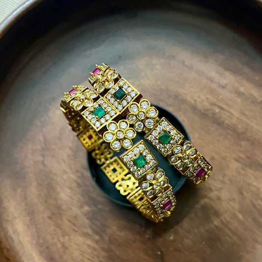 antique gold bangles, floral design bangles, emerald ruby bangles, kundan stone bangles, wedding bangle set, traditional kada bangles, bridal bangles online, festive wear jewelry, stone studded bangles, ethnic jewelry for women, handcrafted Indian bangles, designer bangles for saree, party wear bangles, temple style bangles, royal look bangles