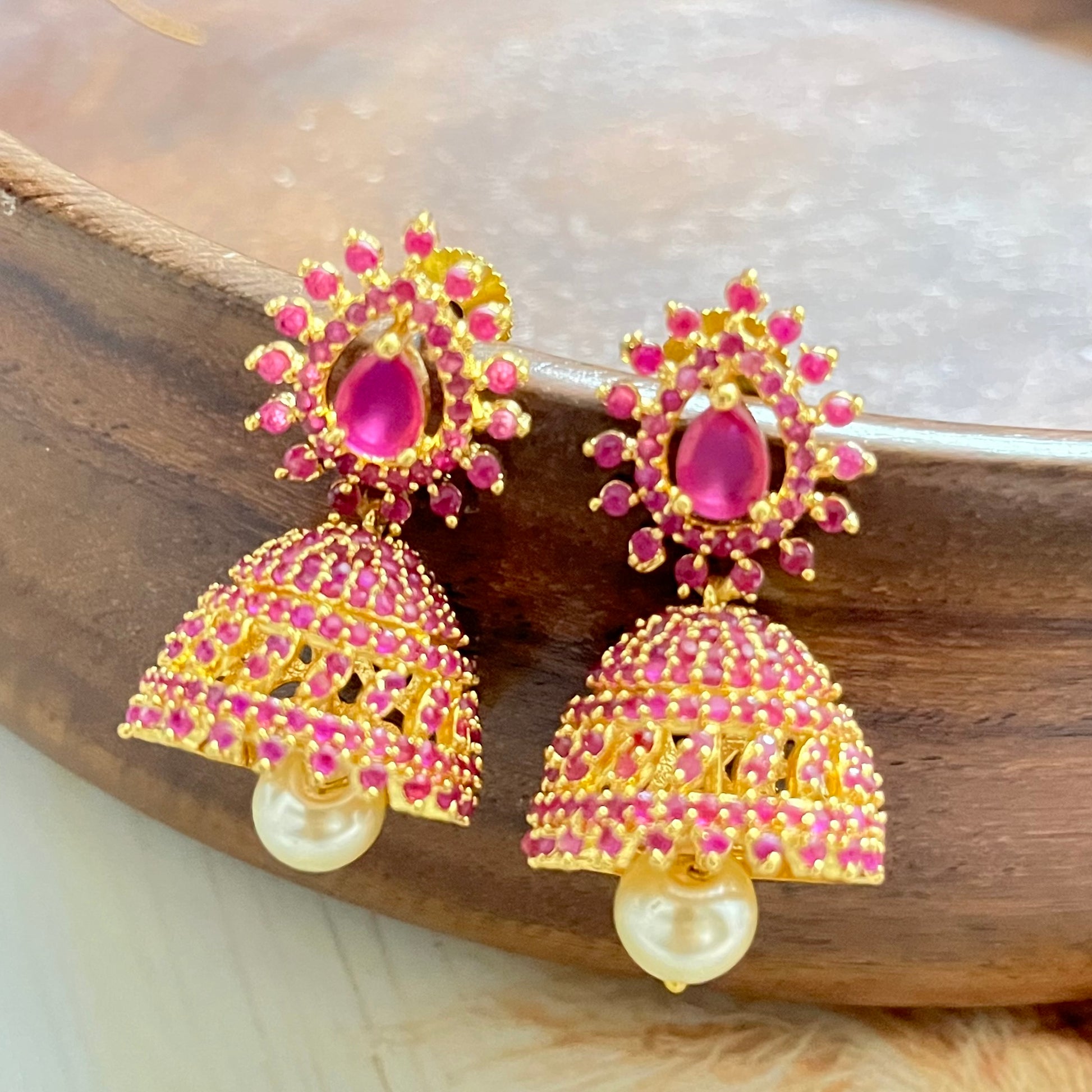 Padmavati Jhumkas, traditional jhumkis, statement earrings, gold pink earrings, Indian wedding jewelry, festive wear accessories, ethnic jhumkas, Matsya Boutique