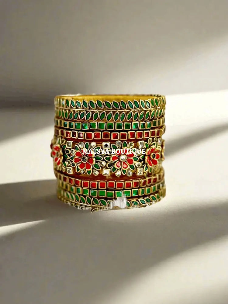 Bridal Red and Green Floral Bangle set - MATSYA BOUTIQUE