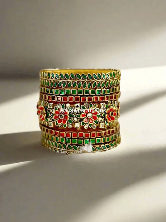 Bridal Red and Green Floral Bangle set - MATSYA BOUTIQUE