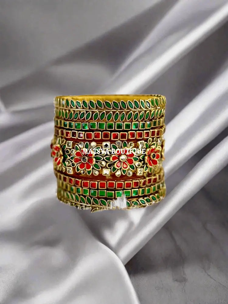 Bridal Red and Green Floral Bangle set - MATSYA BOUTIQUE