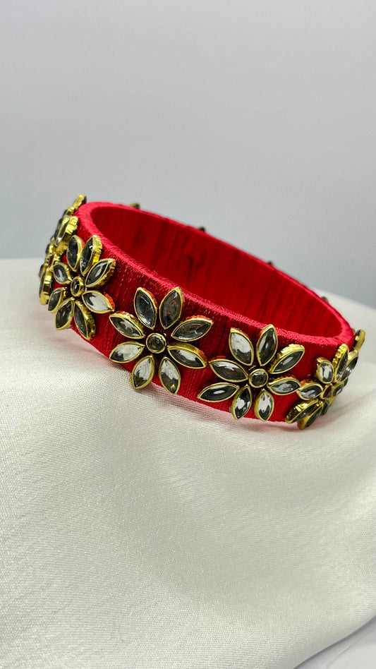 Red silk thread with white Kundan stones