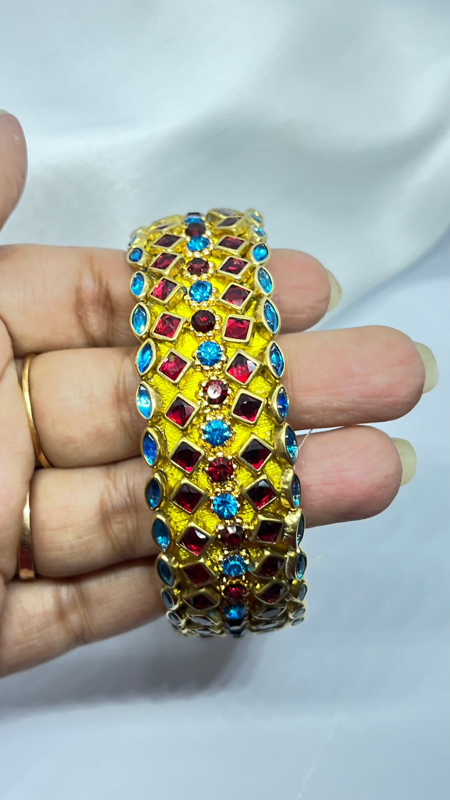 Yellow silk thread bangle with blue and red stones-1 cut Single Kada Bangle-MATSYA BOUTIQUE-2.4-MATSYA BOUTIQUE