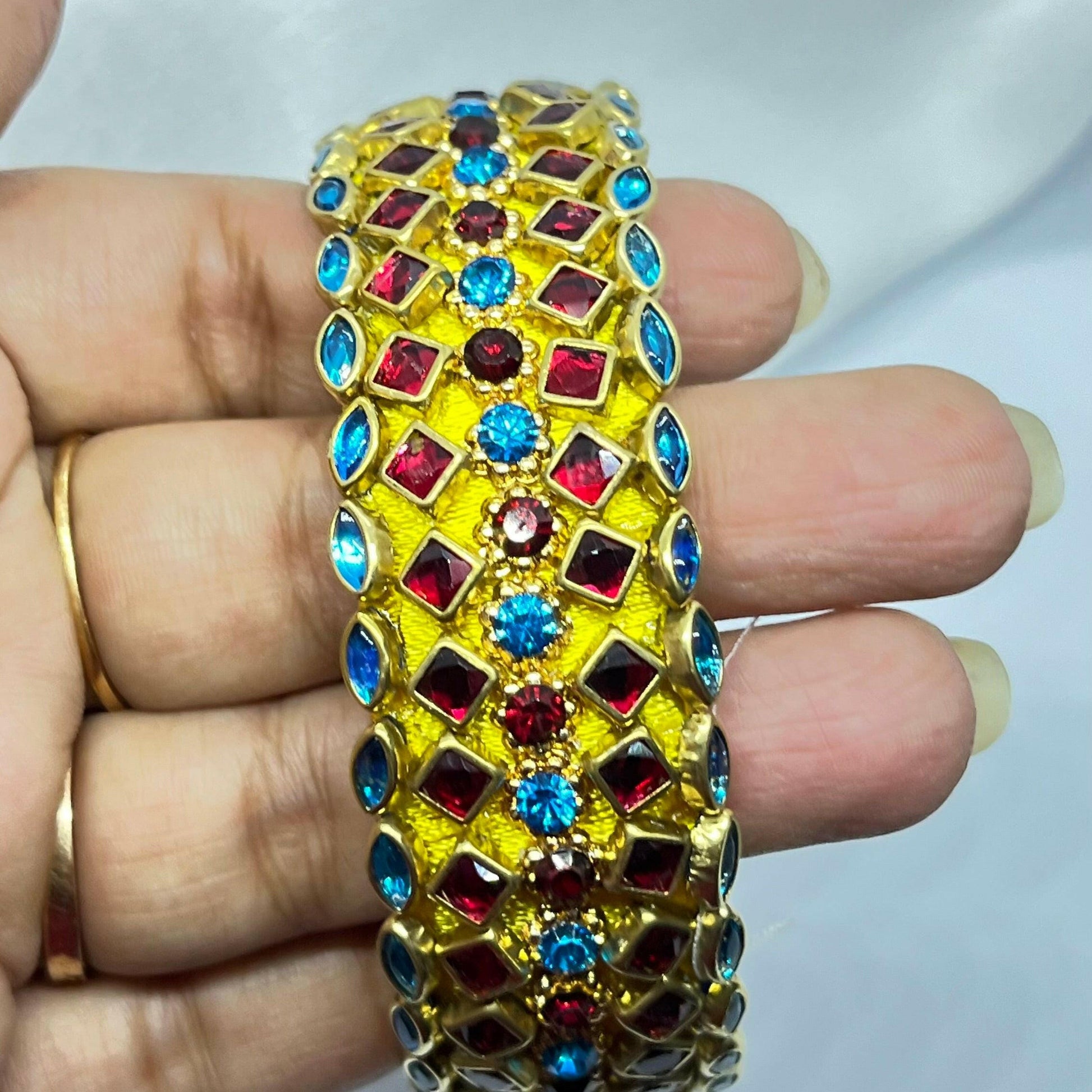 Yellow silk thread bangle with blue and red stones - MATSYA BOUTIQUE 