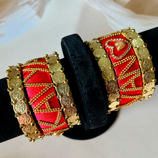 bridal bangles, custom name bangles, Lakshmi kaasu bangles, personalized bridal set, Indian wedding bangles, handmade silk thread bangles, name bangle set, bridal accessories, traditional bangles, South Indian bridal jewelry, wedding bangle set, customized bangles, silk thread jewelry, bride name bangles, Matsya Boutique