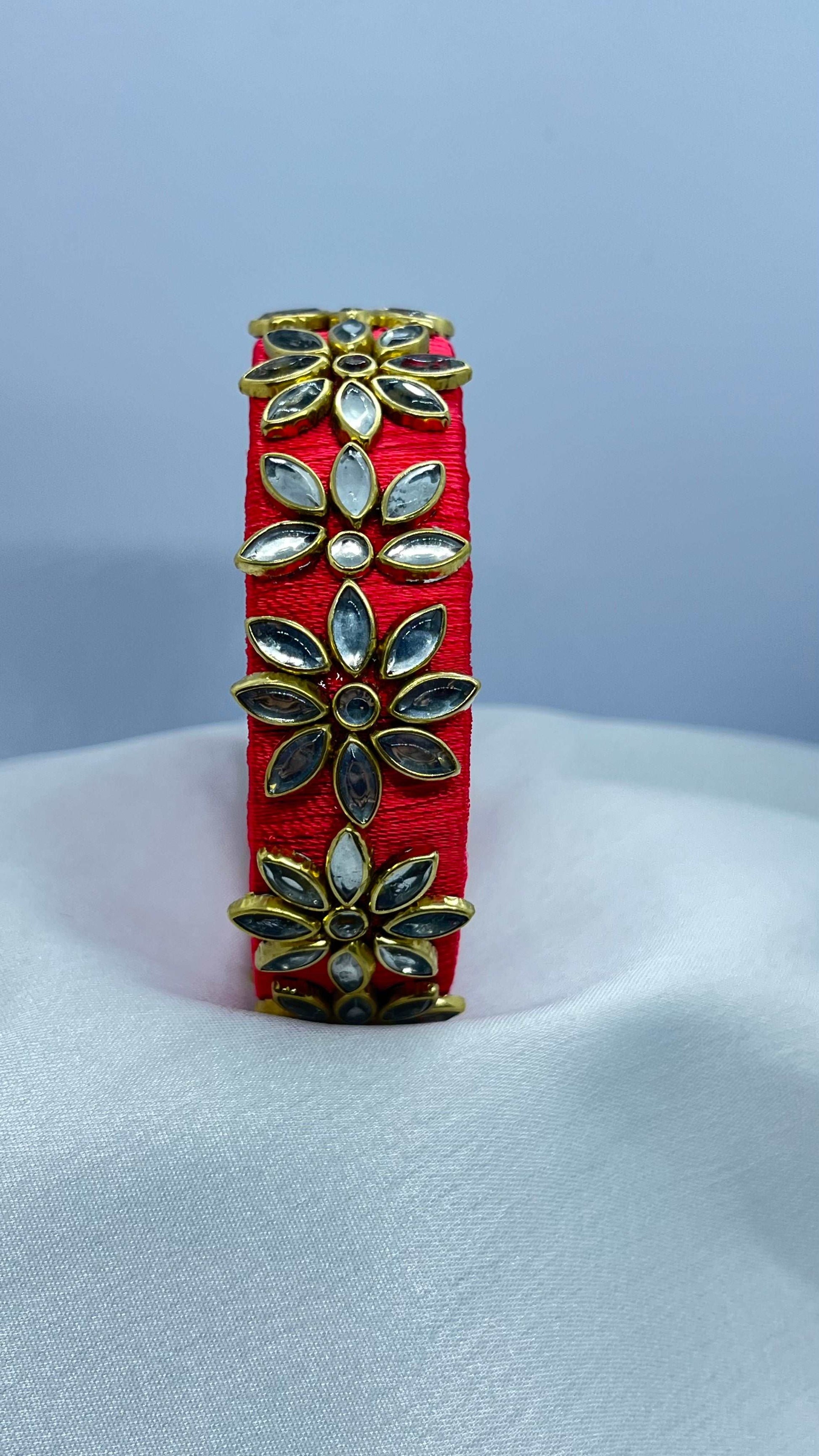 Red silk thread with white Kundan stones