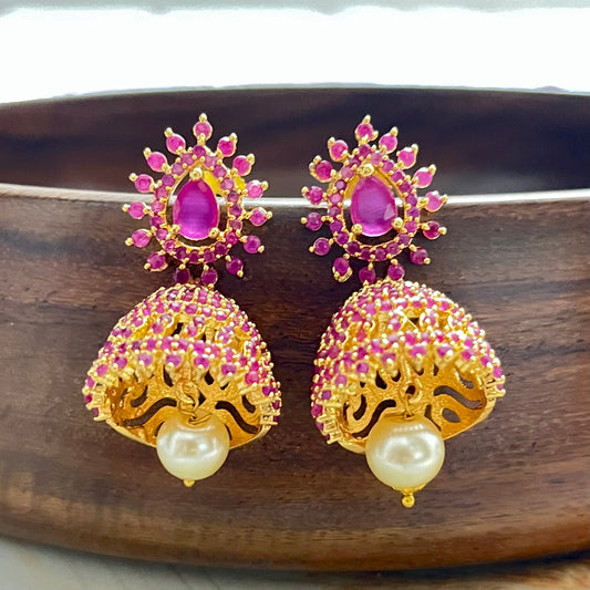 Padmavati Jhumkas, traditional jhumkis, statement earrings, gold pink earrings, Indian wedding jewelry, festive wear accessories, ethnic jhumkas, Matsya Boutique