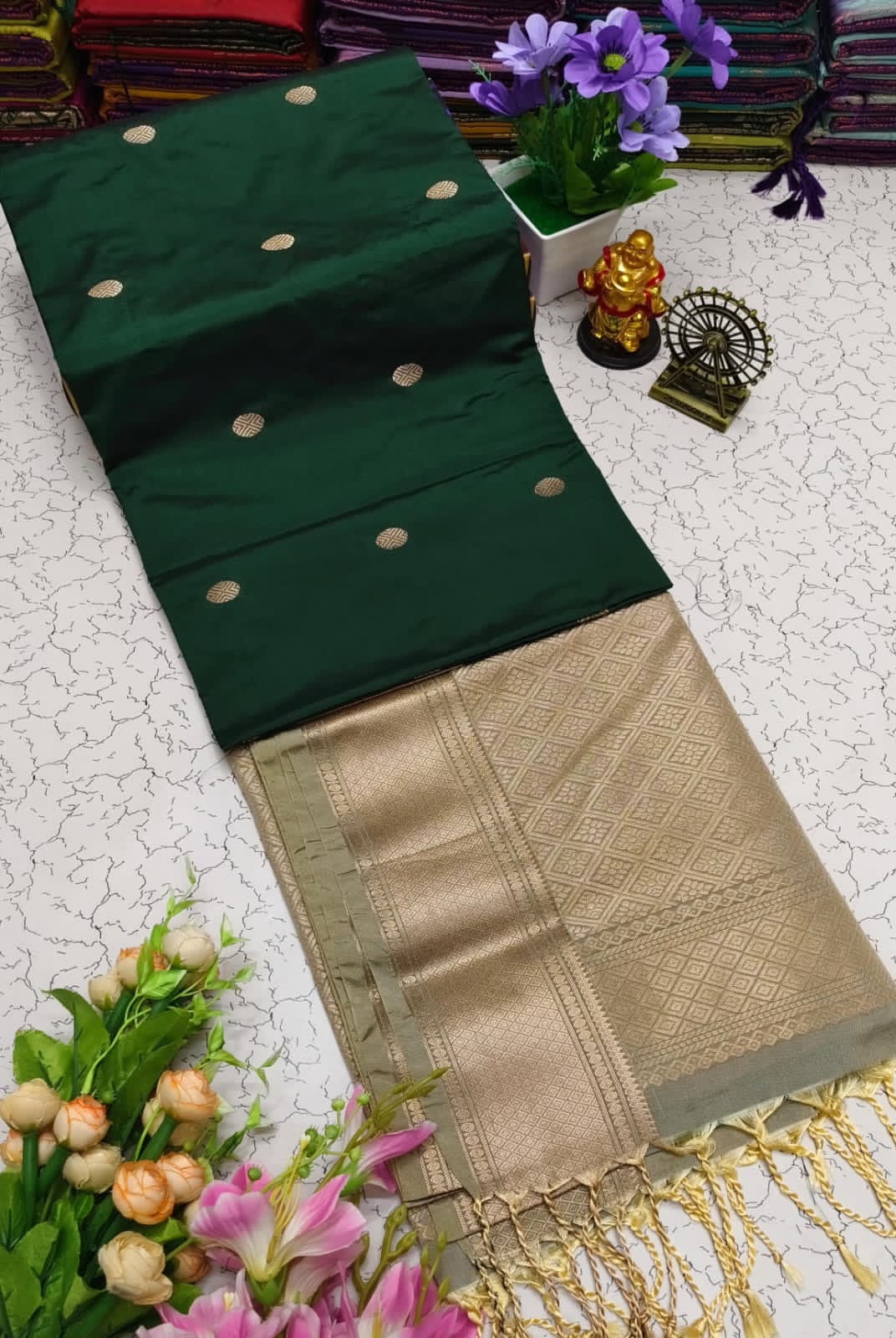 Green with Beige Semi Silk Saree