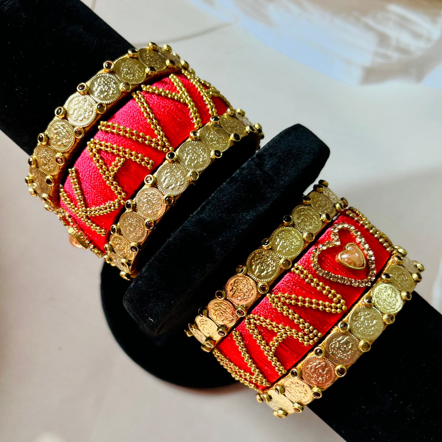 bridal bangles, custom name bangles, Lakshmi kaasu bangles, personalized bridal set, Indian wedding bangles, handmade silk thread bangles, name bangle set, bridal accessories, traditional bangles, South Indian bridal jewelry, wedding bangle set, customized bangles, silk thread jewelry, bride name bangles, Matsya Boutique