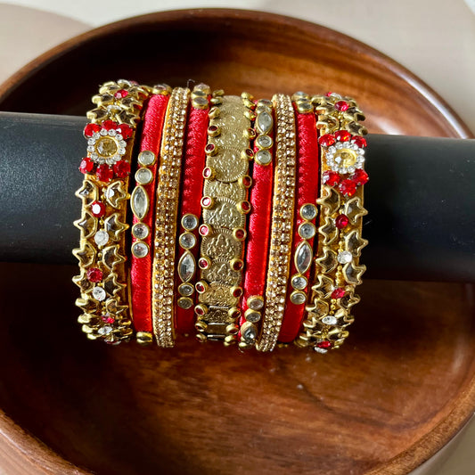 red and gold bangles, bridal bangle set, silk thread bangles, kundan bangles, handmade bangles, traditional bangle set, wedding bangles, Indian bridal jewelry, ethnic bangles, red bangle set, gold bangle set, 9 piece bangle set, festive bangles, designer bangles, Chandrika Charm bangles