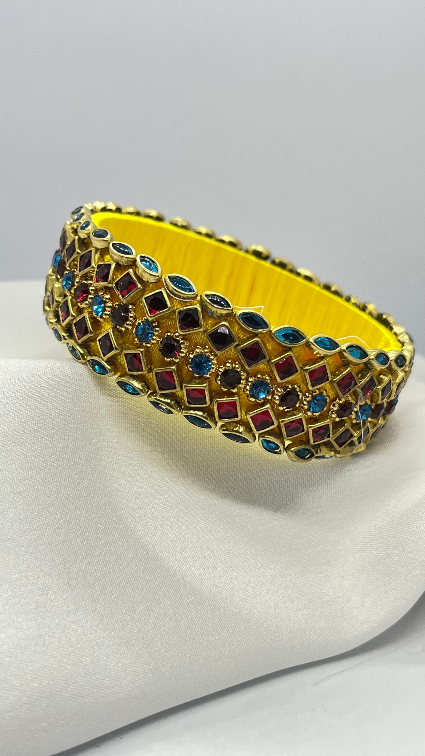 Yellow silk thread bangle with blue and red stones - MATSYA BOUTIQUE 