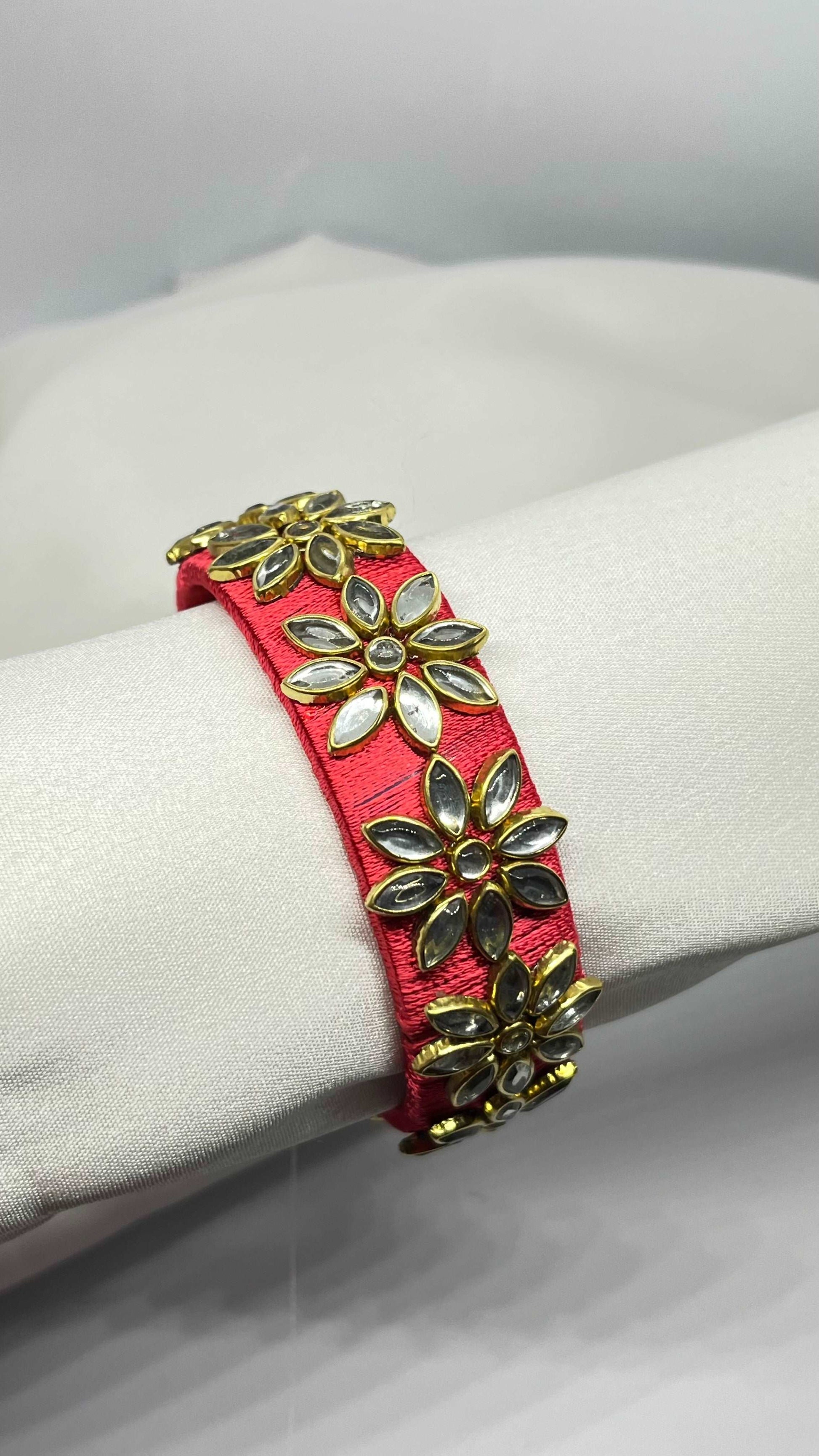 Red silk thread with white Kundan stones