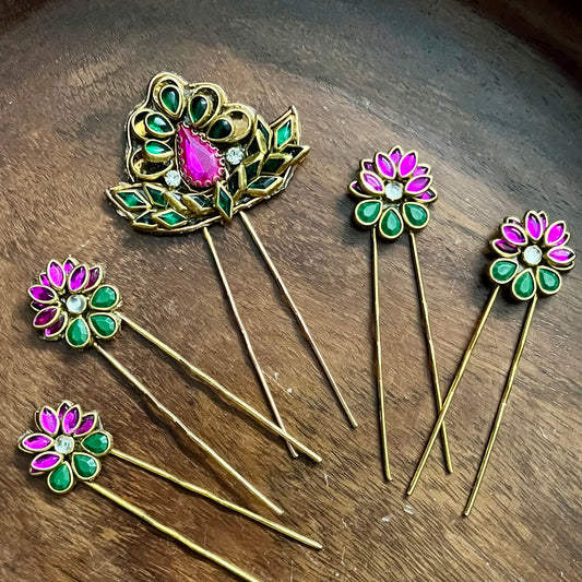 floral hair pins, kundan hair pins, traditional hair accessories, bridal hair pins, pink and green hair pins, Indian hair accessories, ethnic hair pins, festive hair accessories, wedding hair pins, bun pins for women, South Indian hair pins, kundan style pins, hair accessories for saree, handmade hair pins, designer hair accessories, gold plated hair pins, floral hair jewelry, pearl hair pins, hair pins for lehenga, Chandrika Petal Pins