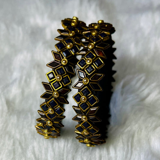 Zehra bangles, floral enamel bangles, navy maroon bangles, antique gold jewelry, traditional bangles for women, Indian ethnic bangles, wedding bangle set, handcrafted jewelry, festival bangles, floral charm bangles, boho style bangles, designer Indian jewelry, oxidized floral bangles, bangles online India, Matsya Boutique