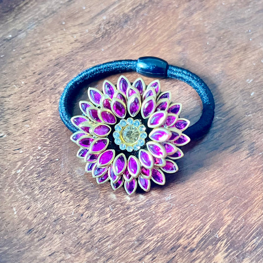 ruby hair band, floral hair band, festive hair accessory, traditional hair band, designer hair tie, embellished hair band, wedding hair accessory, pink stone hair band, ethnic hair accessory, Indian hair band, handmade hair accessory, statement hair tie, jewel hair band, stylish hair accessory, women’s hair band