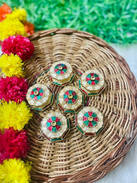 "Traditional kumkum box with intricate detailing, designed for storing kumkum and other sacred powders, ideal for religious rituals and gifting."