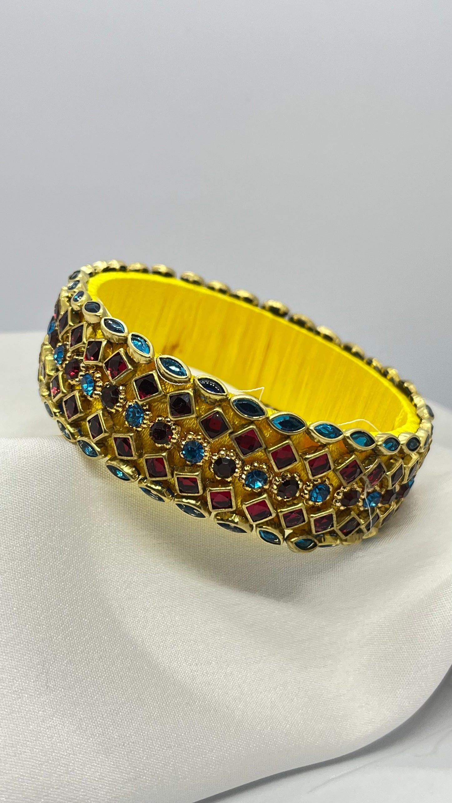 Yellow silk thread bangle with blue and red stones-1 cut Single Kada Bangle-MATSYA BOUTIQUE-2.4-MATSYA BOUTIQUE