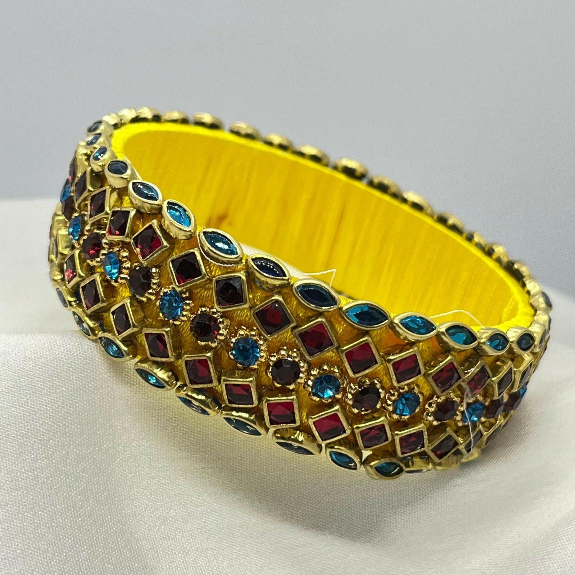 Yellow silk thread bangle with blue and red stones-1 cut Single Kada Bangle-MATSYA BOUTIQUE-2.4-MATSYA BOUTIQUE