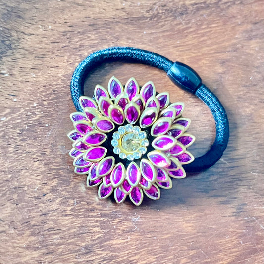 ruby hair band, floral hair band, festive hair accessory, traditional hair band, designer hair tie, embellished hair band, wedding hair accessory, pink stone hair band, ethnic hair accessory, Indian hair band, handmade hair accessory, statement hair tie, jewel hair band, stylish hair accessory, women’s hair band