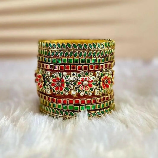 Bridal Red and Green Floral Bangle set - MATSYA BOUTIQUE 